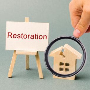 Hand holding magnifying glass over miniature house and sign reading "Restoration," symbolizing property restoration services in South Eastern Victoria.